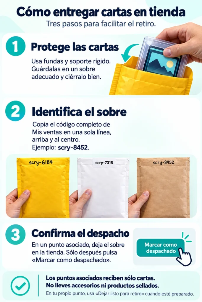 Guía para entregar cartas en tienda: protege las cartas, identifica el sobre con el código arriba y al centro y confirma la entrega después de dejarlo.